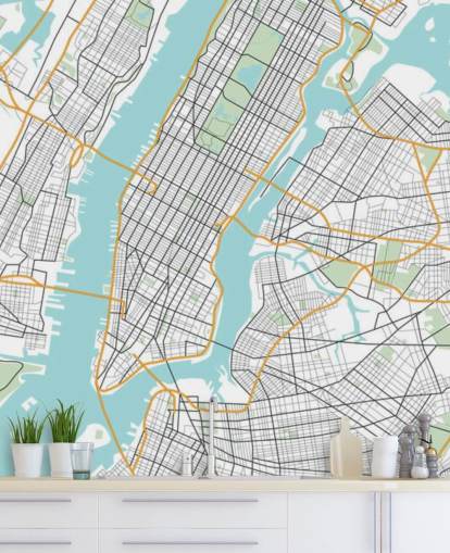 blue and white new york city wallpaper mural called New York City Map
