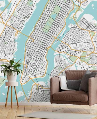 mural de papel pintado azul y blanco de la ciudad de Nueva York llamado Mapa de la ciudad de Nueva York