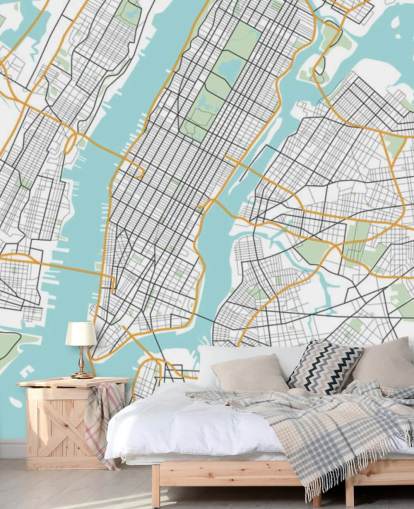 mural de papel pintado azul y blanco de la ciudad de Nueva York llamado Mapa de la ciudad de Nueva York