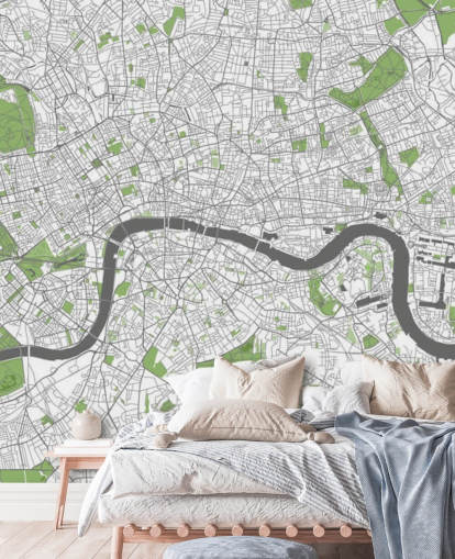 hvitt og grønt kart over london tapet kalt Detaljert kart over London for soverom, hjemmekontorer og spisestuer