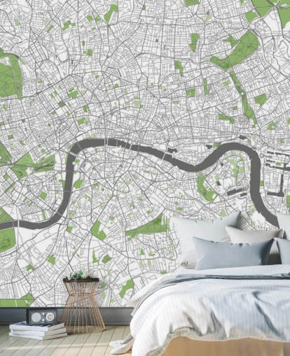 papel de parede branco e verde do mapa de Londres chamado Mapa detalhado de Londres para quartos, escritórios domésticos e salas de jantar