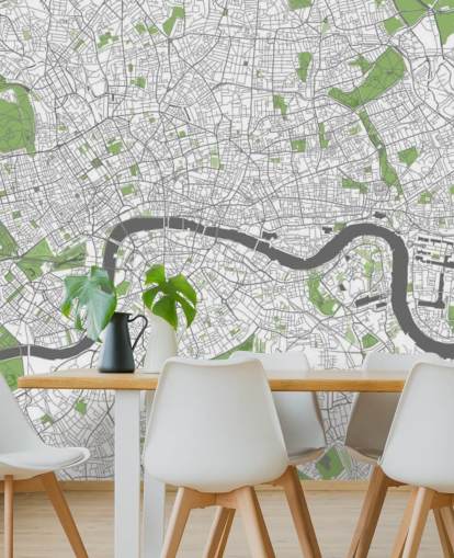 white and green map of london wallpaper called Detailed Map of London for bedrooms, home offices and dining rooms