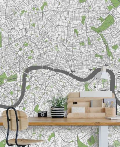 hvitt og grønt kart over london tapet kalt Detaljert kart over London for soverom, hjemmekontorer og spisestuer