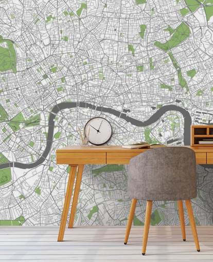 white and green map of london wallpaper called Detailed Map of London for bedrooms, home offices and dining rooms