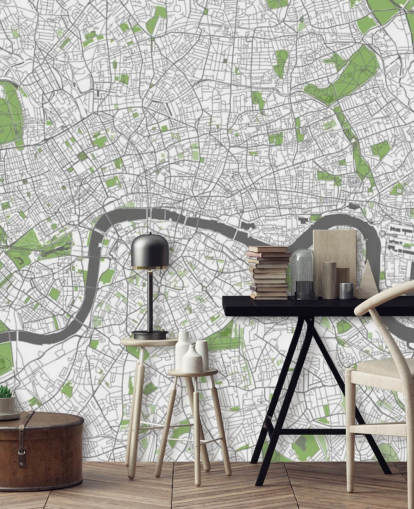 fondo de pantalla blanco y verde del mapa de Londres llamado Mapa detallado de Londres para dormitorios, oficinas en casa y comedores