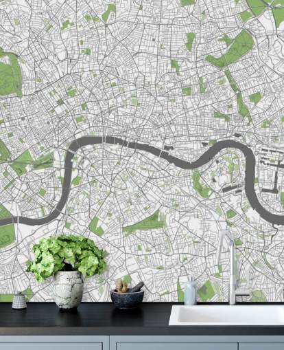 white and green map of london wallpaper called Detailed Map of London for bedrooms, home offices and dining rooms