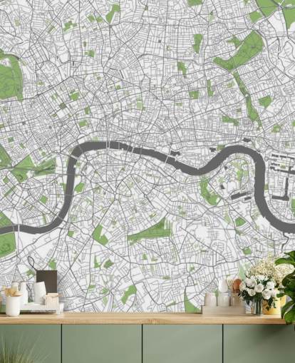 papel de parede branco e verde do mapa de Londres chamado Mapa detalhado de Londres para quartos, escritórios domésticos e salas de jantar