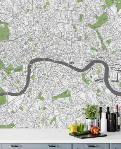 Weiß-grüne Tapete mit dem Titel Detailed Map of London für Schlafzimmer, Heimbüros und Esszimmer