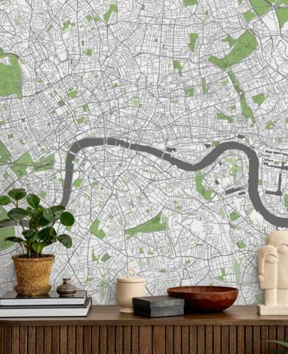 white and green map of london wallpaper called Detailed Map of London for bedrooms, home offices and dining rooms