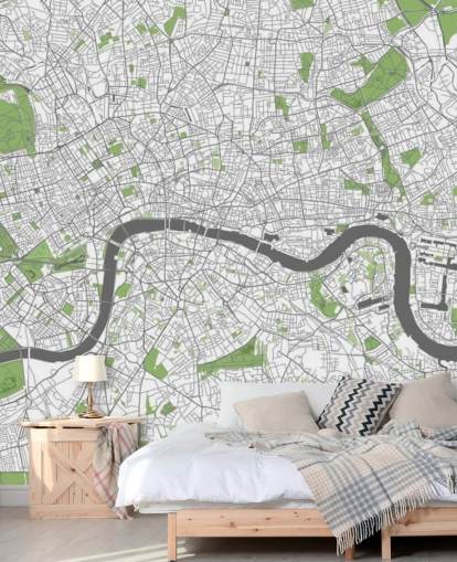 carta da parati bianca e verde di Londra chiamata Mappa dettagliata di Londra per camere da letto, uffici domestici e sale da pranzo