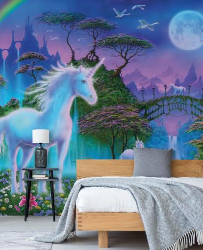purple, blue and green custom unicorn wallpaper called Unicorn Bridge by Danny Flynn for children's bedrooms