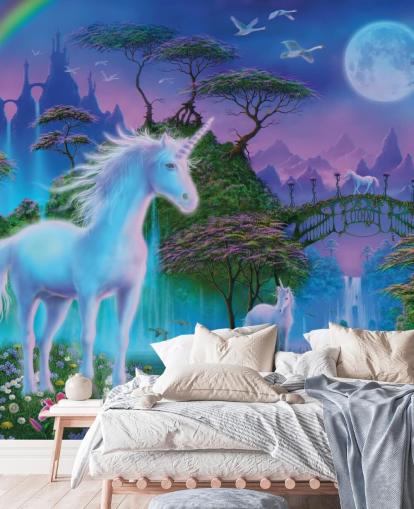 purple, blue and green custom unicorn wallpaper called Unicorn Bridge by Danny Flynn for children's bedrooms