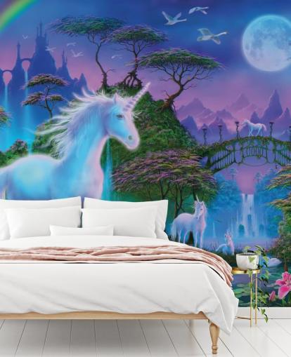 purple, blue and green custom unicorn wallpaper called Unicorn Bridge by Danny Flynn for children's bedrooms