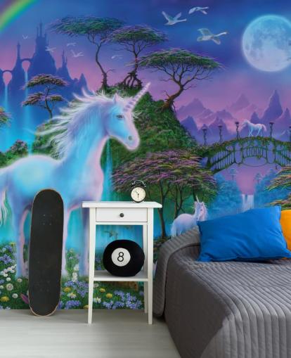 papel pintado personalizado de unicornios morado, azul y verde llamado Unicorn Bridge de Danny Flynn para dormitorios infantiles