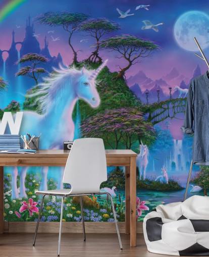 carta da parati personalizzata unicorno viola, blu e verde chiamata Unicorn Bridge di Danny Flynn per camerette per bambini