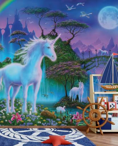 papel pintado personalizado de unicornios morado, azul y verde llamado Unicorn Bridge de Danny Flynn para dormitorios infantiles papel pintado personalizado de unicornios morado, azul y verde llamado Unicorn Bridge de Danny Flynn para dormitorios infantiles
