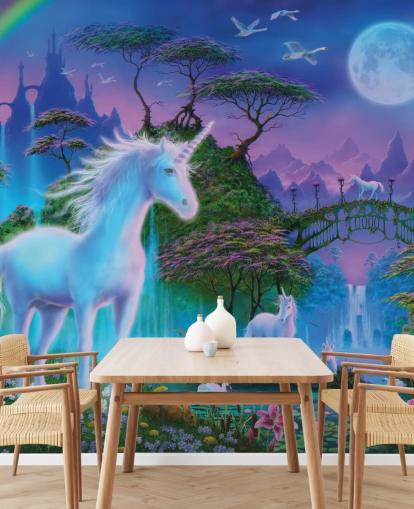 purple, blue and green custom unicorn wallpaper called Unicorn Bridge by Danny Flynn for children's bedrooms