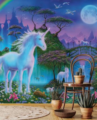 purple, blue and green custom unicorn wallpaper called Unicorn Bridge by Danny Flynn for children's bedrooms purple, blue and green custom unicorn wallpaper called Unicorn Bridge by Danny Flynn for children's bedrooms