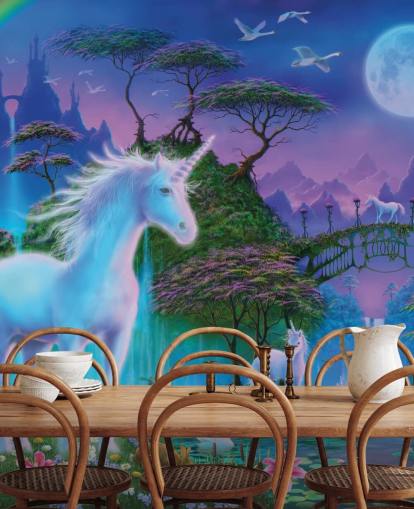 papel pintado personalizado de unicornios morado, azul y verde llamado Unicorn Bridge de Danny Flynn para dormitorios infantiles
