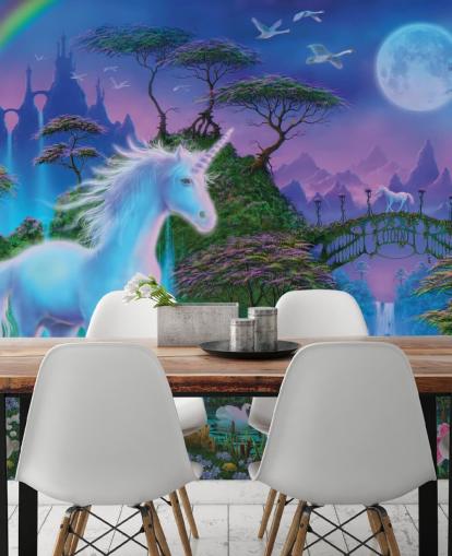 papel pintado personalizado de unicornios morado, azul y verde llamado Unicorn Bridge de Danny Flynn para dormitorios infantiles