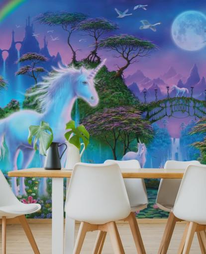 purple, blue and green custom unicorn wallpaper called Unicorn Bridge by Danny Flynn for children's bedrooms