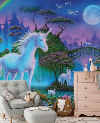 carta da parati personalizzata unicorno viola, blu e verde chiamata Unicorn Bridge di Danny Flynn per camerette per bambini