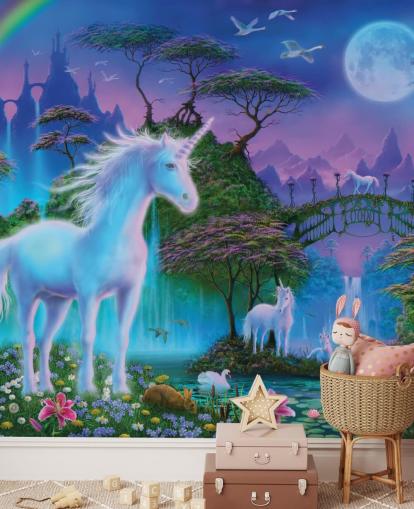 papier peint licorne personnalisé violet, bleu et vert appelé Unicorn Bridge par Danny Flynn pour les chambres d'enfants