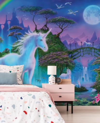 purple, blue and green custom unicorn wallpaper called Unicorn Bridge by Danny Flynn for children's bedrooms