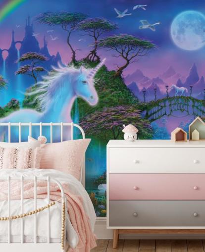 purple, blue and green custom unicorn wallpaper called Unicorn Bridge by Danny Flynn for children's bedrooms