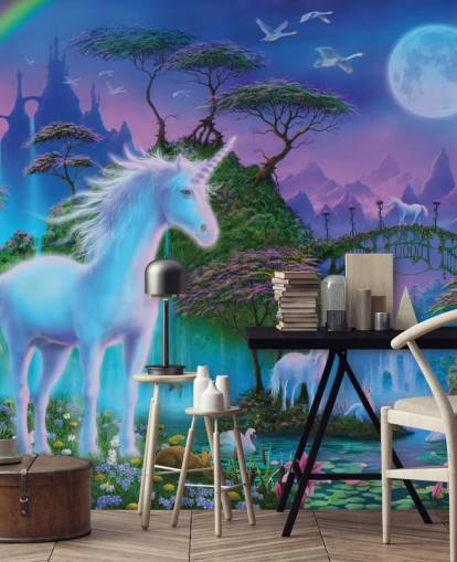 papier peint licorne personnalisé violet, bleu et vert appelé Unicorn Bridge par Danny Flynn pour les chambres d'enfants