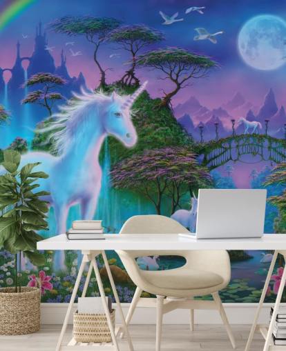 papel pintado personalizado de unicornios morado, azul y verde llamado Unicorn Bridge de Danny Flynn para dormitorios infantiles