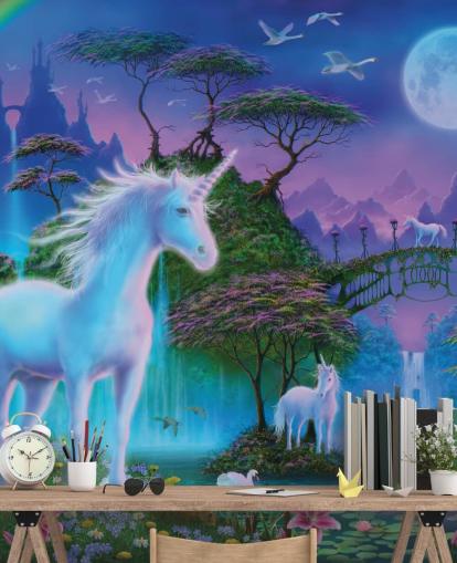 papel pintado personalizado de unicornios morado, azul y verde llamado Unicorn Bridge de Danny Flynn para dormitorios infantiles