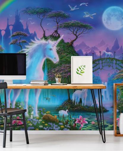 purple, blue and green custom unicorn wallpaper called Unicorn Bridge by Danny Flynn for children's bedrooms