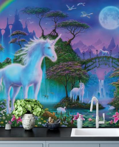 purple, blue and green custom unicorn wallpaper called Unicorn Bridge by Danny Flynn for children's bedrooms