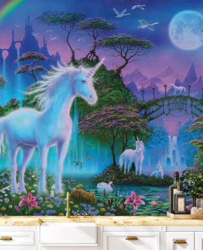 purple, blue and green custom unicorn wallpaper called Unicorn Bridge by Danny Flynn for children's bedrooms