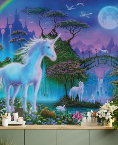 purple, blue and green custom unicorn wallpaper called Unicorn Bridge by Danny Flynn for children's bedrooms