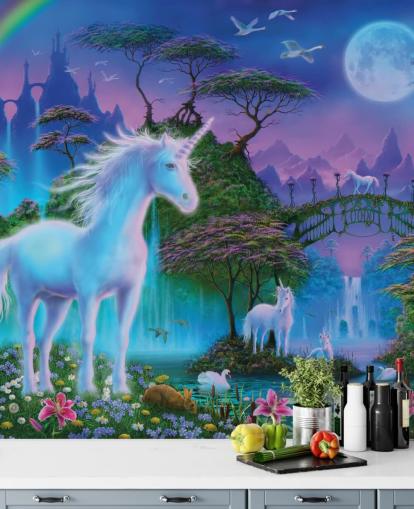 papel pintado personalizado de unicornios morado, azul y verde llamado Unicorn Bridge de Danny Flynn para dormitorios infantiles