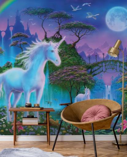 purple, blue and green custom unicorn wallpaper called Unicorn Bridge by Danny Flynn for children's bedrooms