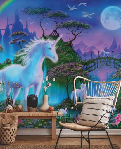 papel pintado personalizado de unicornios morado, azul y verde llamado Unicorn Bridge de Danny Flynn para dormitorios infantiles