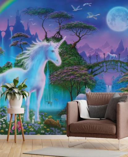 papier peint licorne personnalisé violet, bleu et vert appelé Unicorn Bridge par Danny Flynn pour les chambres d'enfants