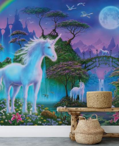 purple, blue and green custom unicorn wallpaper called Unicorn Bridge by Danny Flynn for children's bedrooms