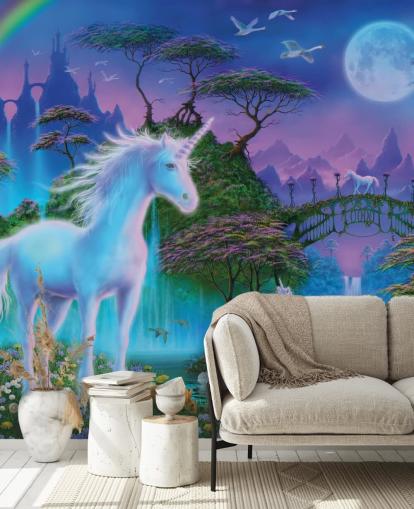 papel de parede de unicórnio personalizado roxo, azul e verde chamado Unicorn Bridge de Danny Flynn para quartos infantis