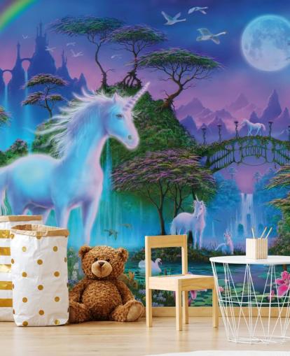 lilla, blå og grøn brugerdefineret enhjørningstapet kaldet Unicorn Bridge af Danny Flynn til børns soveværelser