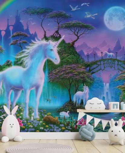 Danny Flynnin violetti, sininen ja vihreä mukautettu yksisarvinen taustakuva nimeltä Unicorn Bridge lasten makuuhuoneisiin
