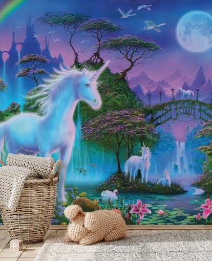 purple, blue and green custom unicorn wallpaper called Unicorn Bridge by Danny Flynn for children's bedrooms