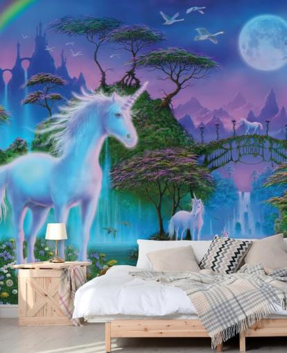 purple, blue and green custom unicorn wallpaper called Unicorn Bridge by Danny Flynn for children's bedrooms