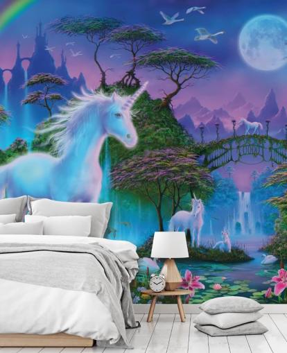purple, blue and green custom unicorn wallpaper called Unicorn Bridge by Danny Flynn for children's bedrooms