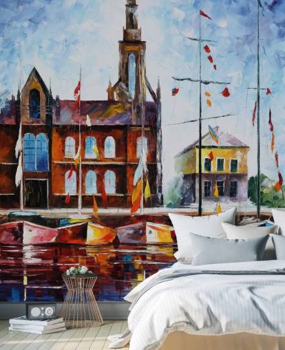 barcos coloridos pintados pelo papel de parede do porto