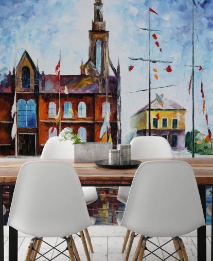 painted colorful boats by harbour wallpaper