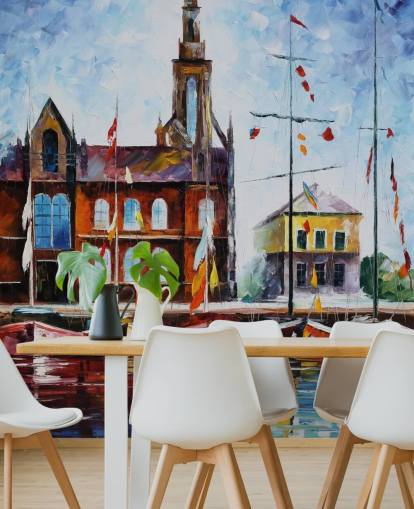 painted colorful boats by harbour wallpaper